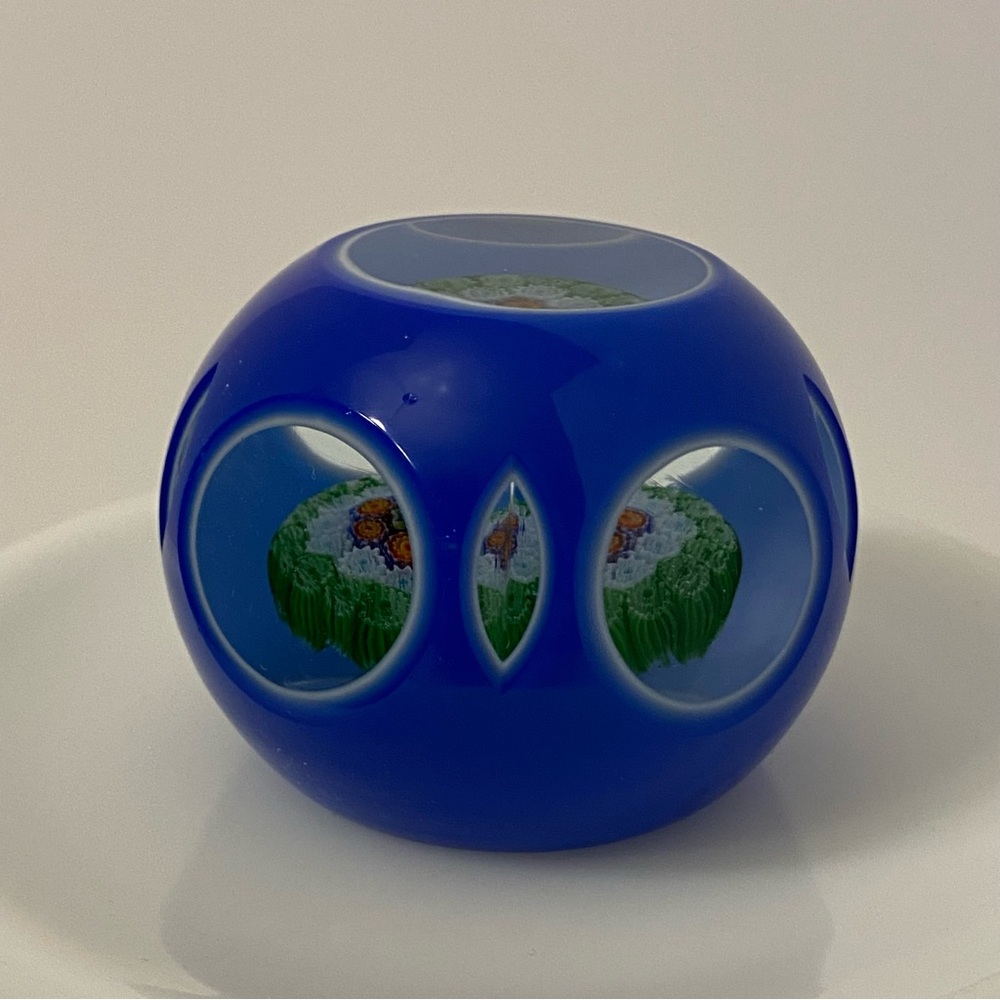 Vintage Cobalt Blue Cased Glass Millefiori Paperweight Cut Windows Art Glass